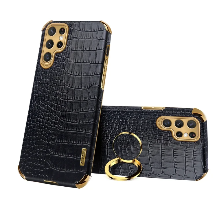6D Electroplating Crocodile Texture Phone Case With Holder, For Samsung Galaxy S22 Ultra 5G