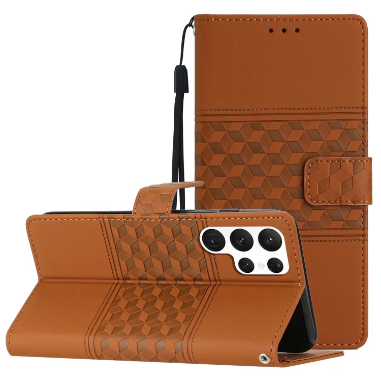 Diamond Embossed Skin Feel Leather Phone Case with Lanyard, For Samsung Galaxy S23 Ultra 5G
