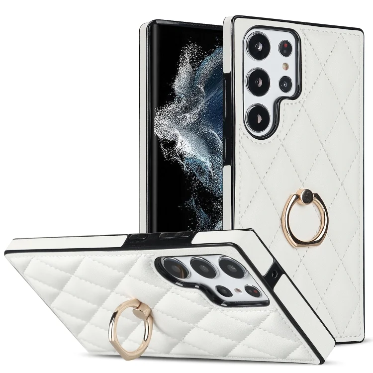 Rhombic PU Leather Phone Case with Ring Holder, For Samsung Galaxy S23 Ultra 5G, For Samsung Galaxy S22 5G