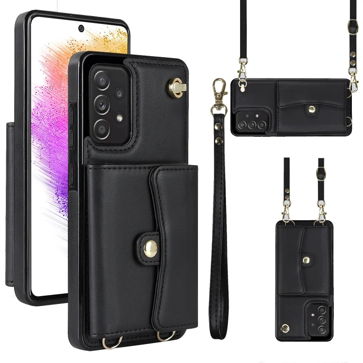 RFID Card Slot Leather Phone Case with Long Lanyard, For Samsung Galaxy A73 5G