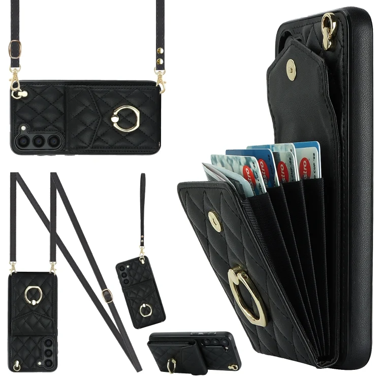 Rhombic Texture Card Bag Phone Case with Long Lanyard, For Samsung Galaxy S23+ 5G, For Samsung Galaxy S23 5G