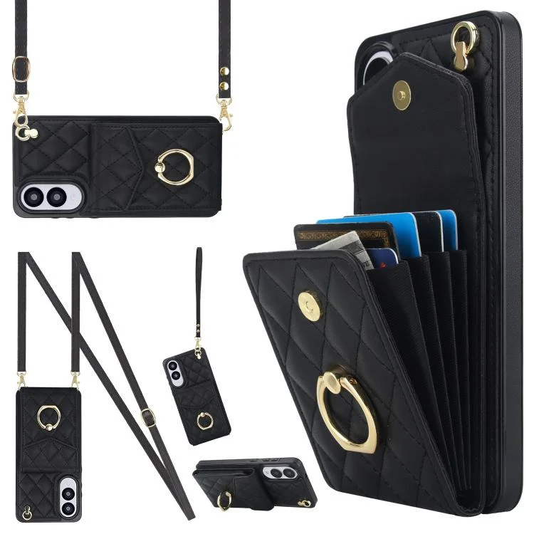 Rhombic Texture Card Bag Phone Case with Long Lanyard, For Samsung Galaxy S25 Edge 5G, For Samsung Galaxy S24 Ultra 5G