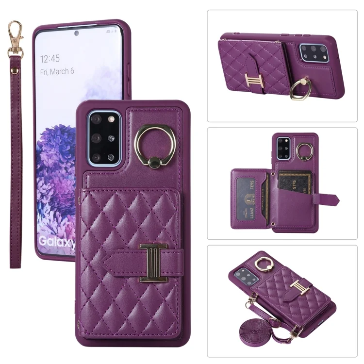 Horizontal Card Bag Ring Holder Phone Case with Dual Lanyard, For Samsung Galaxy S20+