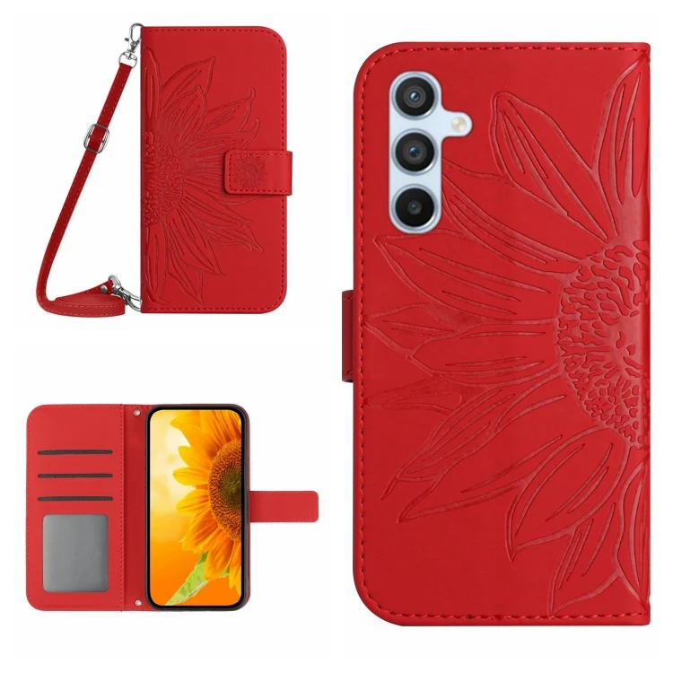 Skin Feel Sun Flower Embossed Flip Leather Phone Case with Lanyard, For Samsung Galaxy A05S / F14 4G, For Samsung Galaxy M55 5G