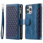 Grid Texture Zipper Leather Phone Case with Lanyard, For iPhone 15 Pro, For iPhone 15 Plus, For iPhone 15