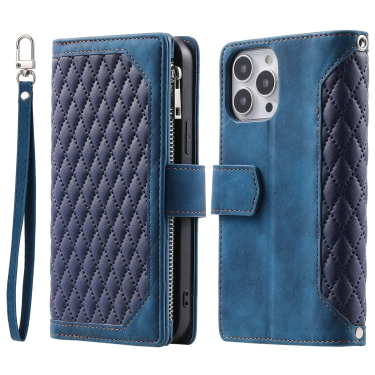 Grid Texture Zipper Leather Phone Case with Lanyard, For iPhone 15 Pro, For iPhone 15 Plus, For iPhone 15