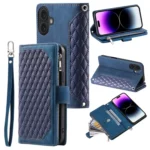 Grid Texture Zipper Leather Phone Case with Lanyard, For iPhone 16 Plus, For iPhone 16, For iPhone 15 Pro Max