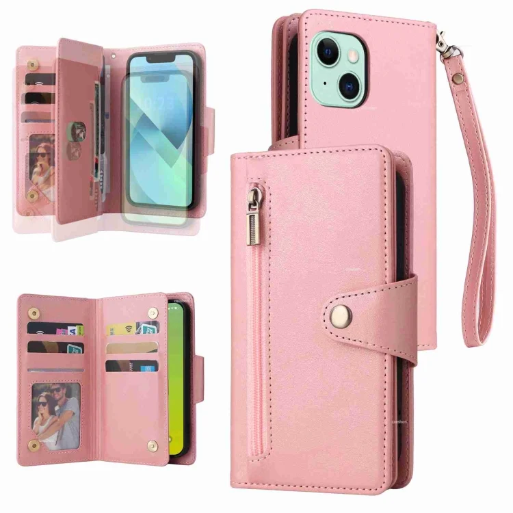 Rivet Buckle 9 Cards Three Fold Leather Phone Case, For iPhone 15