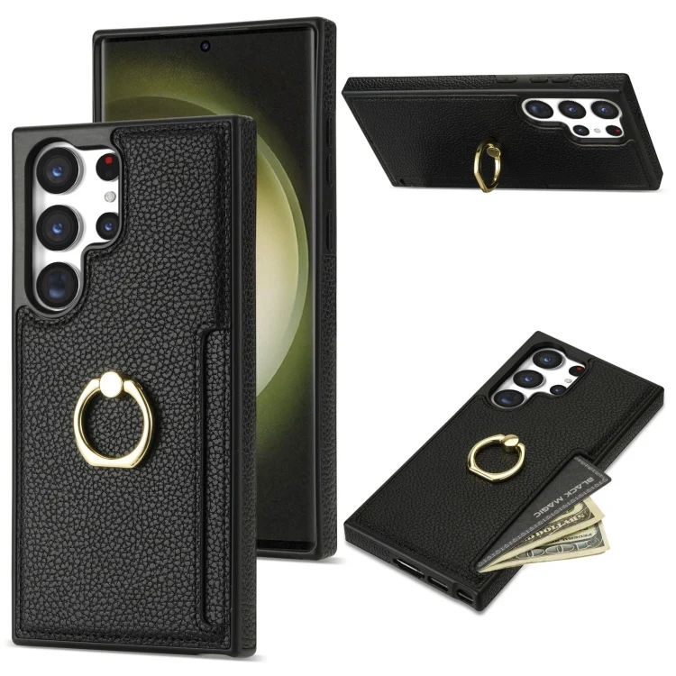 Ring Card Litchi Leather Back Phone Case, For Samsung Galaxy S22 Ultra 5G, For Samsung Galaxy S22+ 5G, For Samsung Galaxy S22 5G