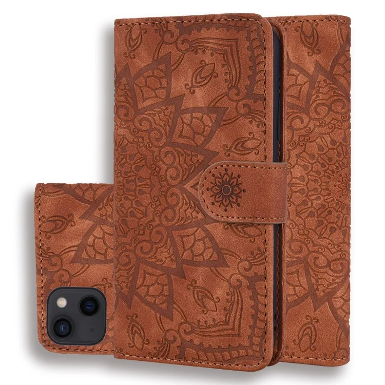 Mandala Embossed Dual-Fold Calf Leather Phone Case, For iPhone 15