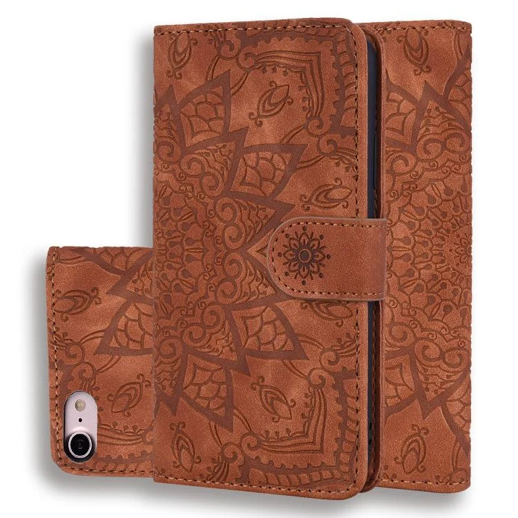 Mandala Embossed Dual-Fold Calf Leather Phone Case, For iPhone 16e, For iPhone 16 Pro, For iPhone 16 Pro Max, For iPhone 16 Plus