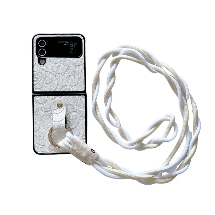 Impression Camellia Pattern Protective Phone Case with Diamond Ring Long Lanyard, For Samsung Galaxy Z Flip4 5G, For Samsung Galaxy Z Flip3 5G