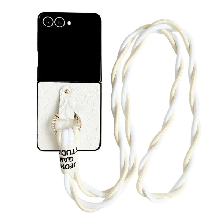 Impression Camellia Pattern Protective Phone Case with Diamond Ring Long Lanyard, For Samsung Galaxy Z Flip7 5G, For Samsung Galaxy Z Flip6, For Samsung Galaxy Z Flip5 5G