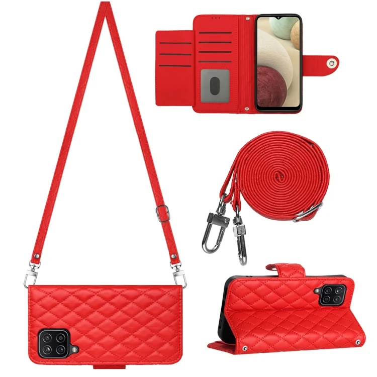 Rhombic Texture Flip Leather Phone Case with Long Lanyard, For Samsung Galaxy A12 / M12