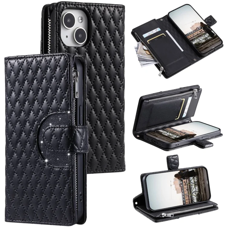 Glitter Lattice Zipper Wallet Leather Phone Case, For iPhone 15 Plus, For iPhone 15, For iPhone 14 Plus, For iPhone 14, For iPhone 14 Pro