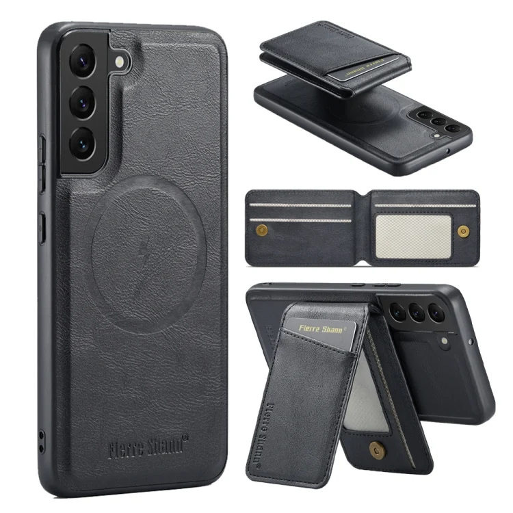 Fierre Shann Cowhide Vertical Flip Magnetic Card Holder Phone Case, For Samsung Galaxy S22+ 5G, For Samsung Galaxy S22 5G