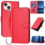 YX0070 Carbon Fiber Buckle Leather Phone Case with Lanyard, For iPhone 15, For iPhone 14 Plus
