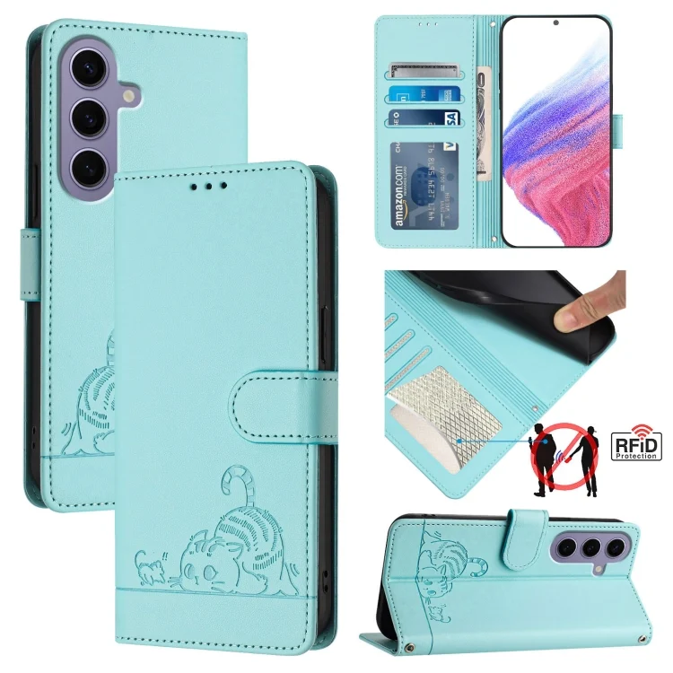 Cat Rat Embossed Pattern RFID Leather Phone Case with Lanyard, For Samsung Galaxy S24 5G, For Samsung Galaxy S23 FE 5G, For Samsung Galaxy S23 Ultra 5G