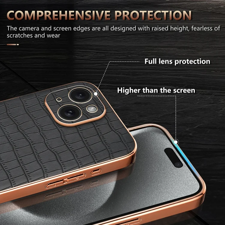 EDA006586314A_5.webp AZNS Electroplated Frame Crocodile Texture Full Coverage Phone Case, For iPhone 15, For iPhone 14 Plus, For iPhone 14, For iPhone 14 Pro - Image 6