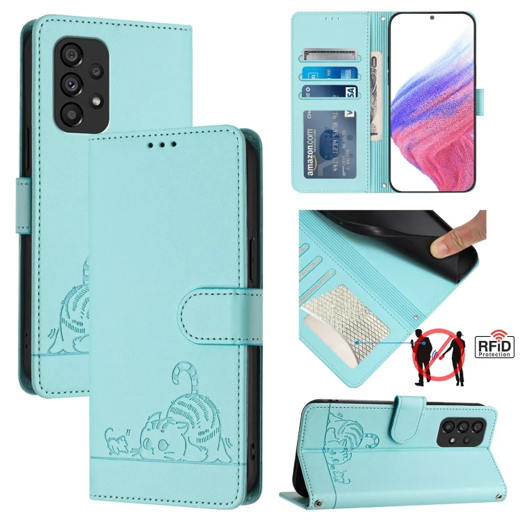 Cat Rat Embossed Pattern RFID PU Phone Case with Wrist Strap, For Samsung Galaxy A53 5G, For Samsung Galaxy A73 5G, For Samsung Galax S22 Ultra