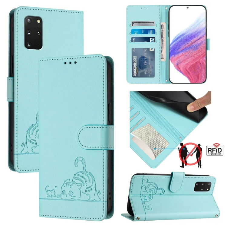 Cat Rat Embossed Pattern RFID PU Phone Case with Wrist Strap, For Samsung Galaxy S20+, For Samsung Galaxy A71 4G, For Samsung Galaxy A70S