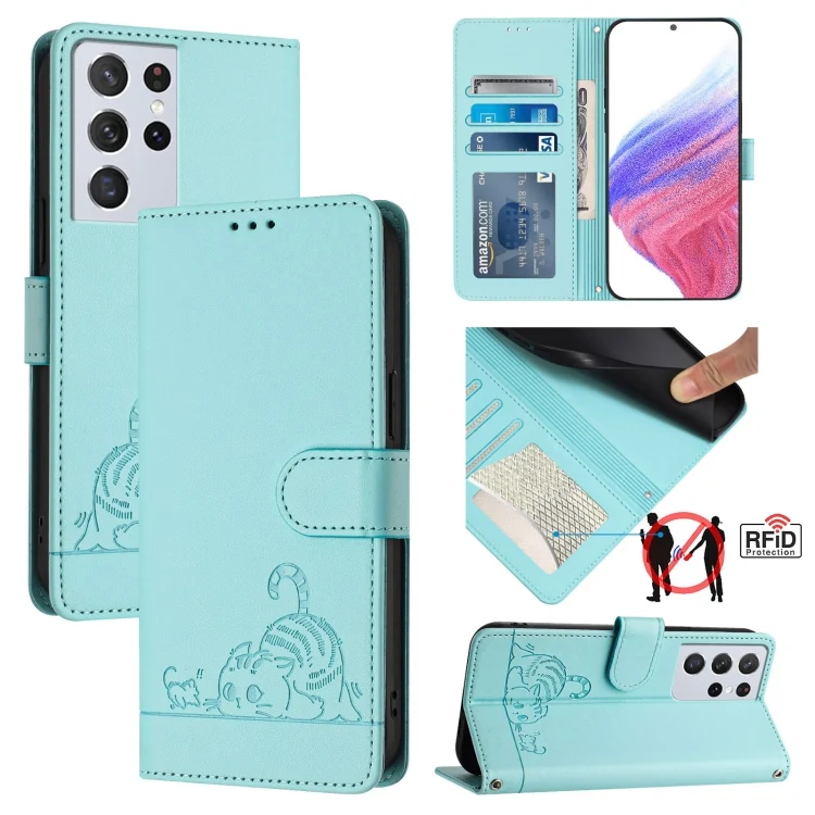 Cat Rat Embossed Pattern RFID PU Phone Case with Wrist Strap, For Samsung Galax S21 Ultra, For Samsung Galaxy S20 FE 5G, For Samsung Galaxy A51 5G