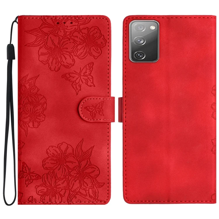 Cherry Blossom Butterfly Skin Feel Embossed PU Phone Case, For Samsung Galaxy S20 FE, For Samsung Galaxy S22 Ultra 5G