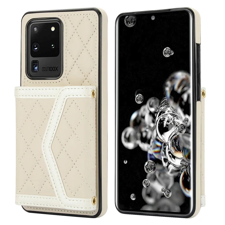 Splicing Rhombic Texture Card Bag Phone Case with Long Lanyard, For Samsung Galaxy S20 Ultra