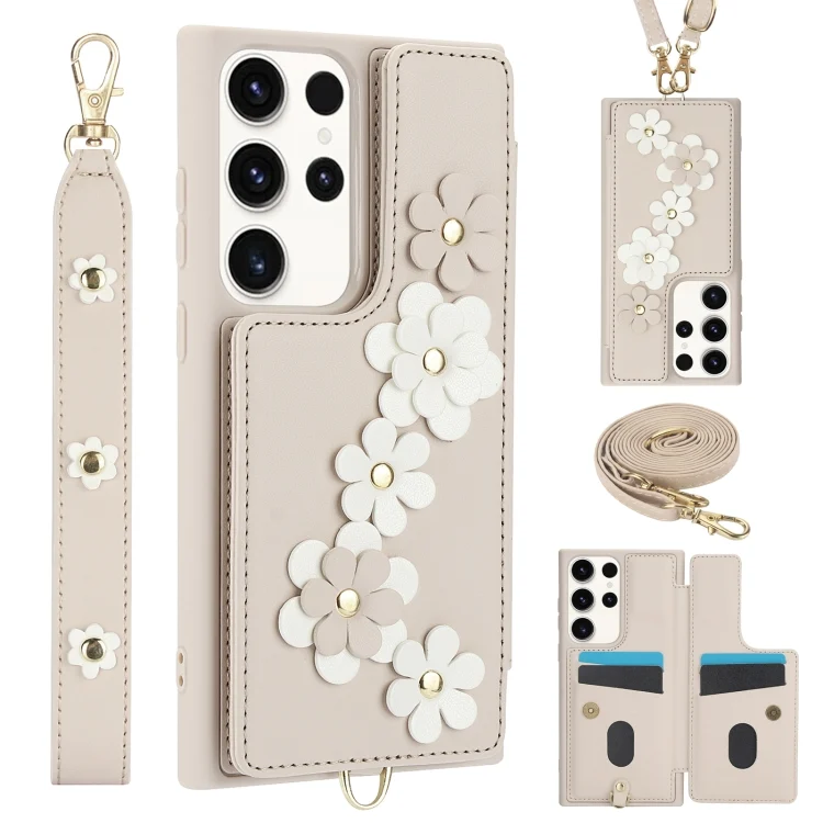 Crossbody Flower Pattern Leather Phone Case, For Samsung Galaxy S22 Ultra 5G, For Samsung Galaxy S22+ 5G