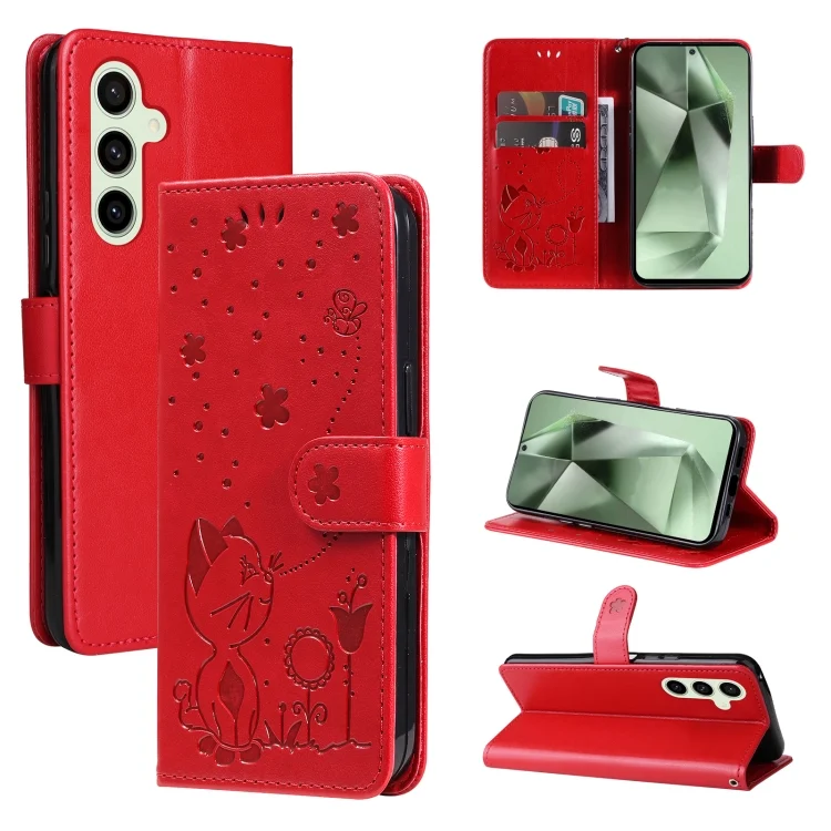 Cat and Bee Embossed Flip Leather Phone Case, For Samsung Galaxy S24 FE 5G