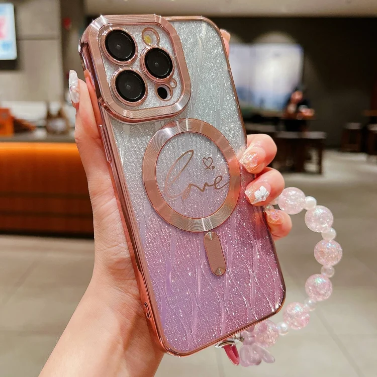 Dual-Love Leaves Gradient Glitter Bracelets Magsafe TPU Phone Case, For iPhone 11 Pro Max, For iPhone 11, For iPhone 11 Pro