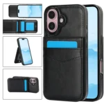 Solid Color Card Slots Bracket PU Phone Case, For iPhone 16
