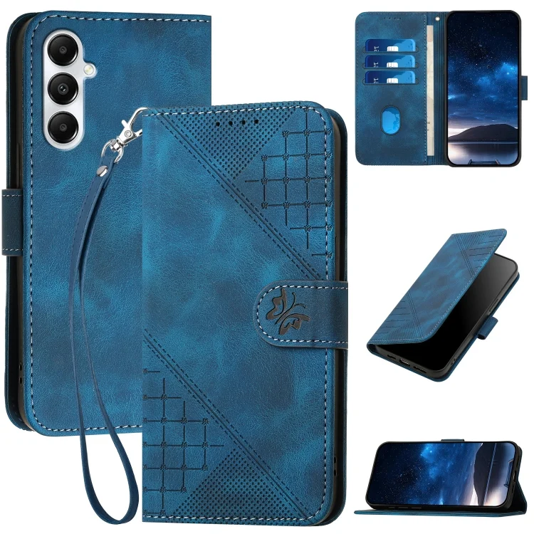 YX0080 Grid Butterfly Embossed Pattern Flip Leather Phone Case with Lanyard, For Samsung Galaxy S24 FE 5G, For Samsung Galaxy M55, For Samsung Galaxy M15