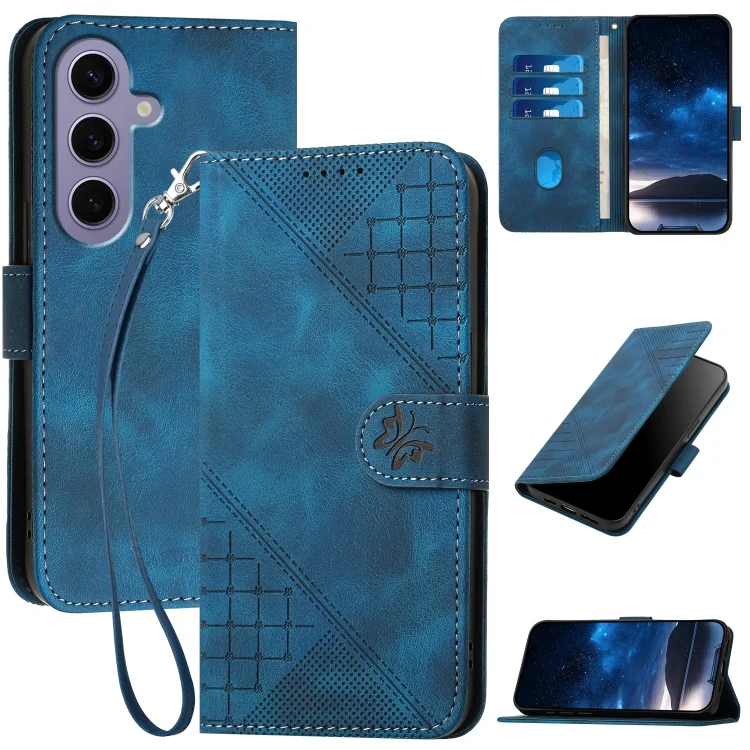 YX0080 Grid Butterfly Embossed Pattern Flip Leather Phone Case with Lanyard, For Samsung Galaxy S24 5G, For Samsung Galaxy M34, For Samsung Galaxy S23 FE 5G