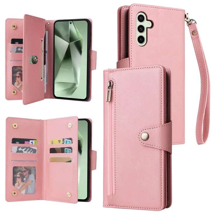 Rivet Buckle 9 Cards 3-Fold Wallet Leather Phone Case, For Samsung Galaxy S24 FE 5G