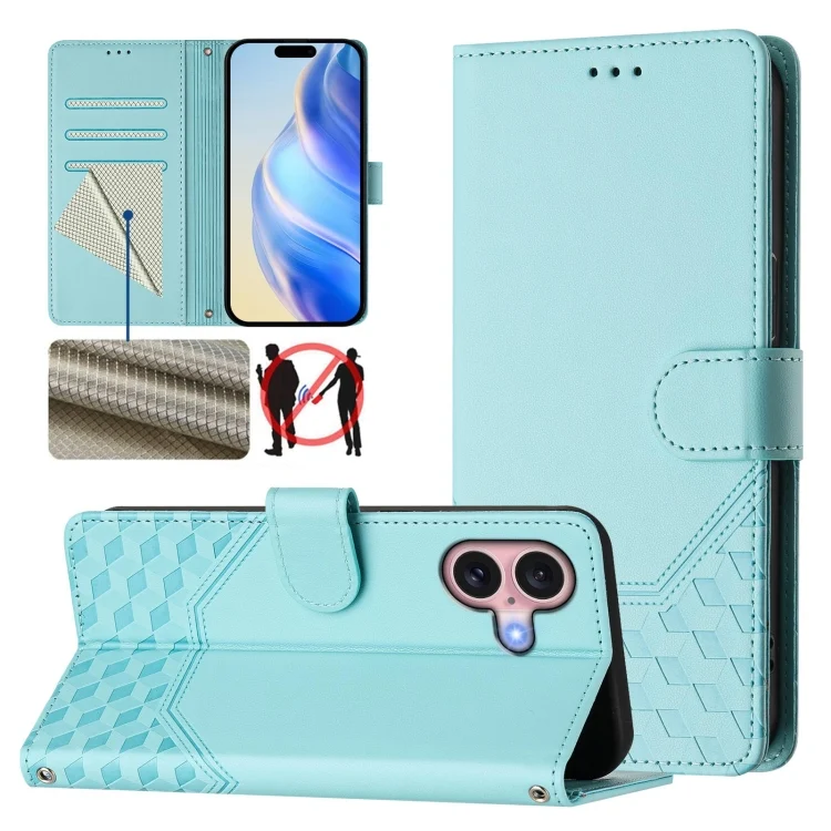 Honeycomb Embossing RFID Leather Phone Case, For iPhone 16 Plus, For iPhone 16, For iPhone 15 Pro Max