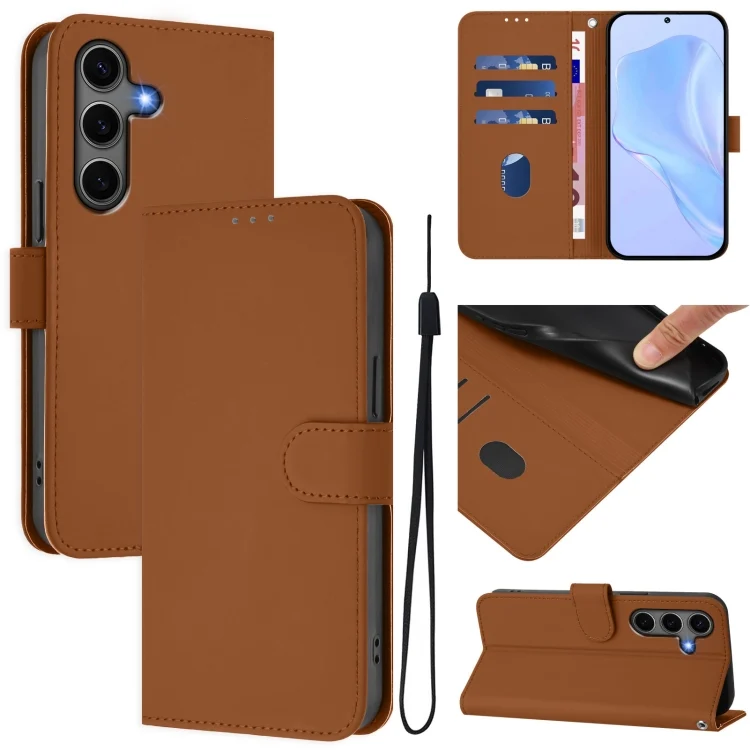 Skin Feel Solid Color Leather Phone Case with Lanyard, For Samsung Galaxy S25+ 5G