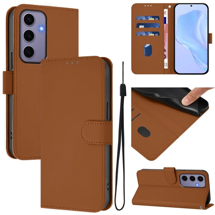 Skin Feel Solid Color Leather Phone Case with Lanyard, For Samsung Galaxy S24 5G