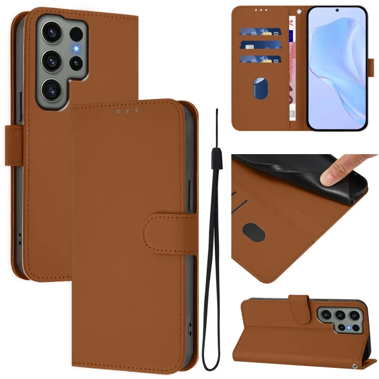 Skin Feel Solid Color Leather Phone Case with Lanyard, For Samsung Galaxy S23 Ultra 5G