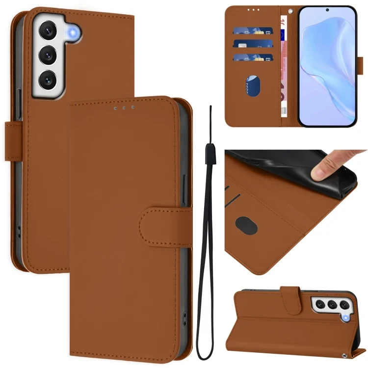 Skin Feel Solid Color Leather Phone Case with Lanyard, For Samsung Galaxy S22 5G