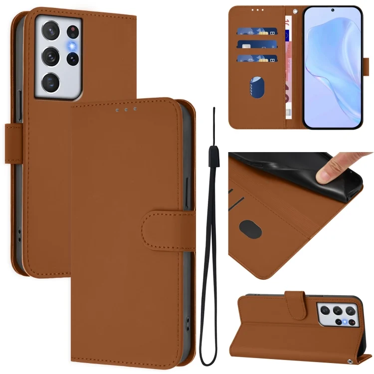 Skin Feel Solid Color Leather Phone Case with Lanyard, For Samsung Galaxy S21 Ultra 5G