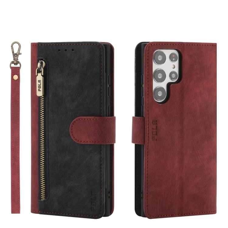 POLA Dual-color Zipper Wallet RFID Leather Phone Case, For Samsung Galaxy S22 Ultra 5G
