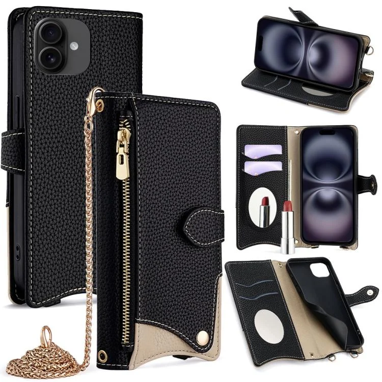 Crossbody Chain Fishtail Litchi Leather Phone Case, For iPhone 16 Plus, For iPhone 16, For iPhone 15 Pro Max