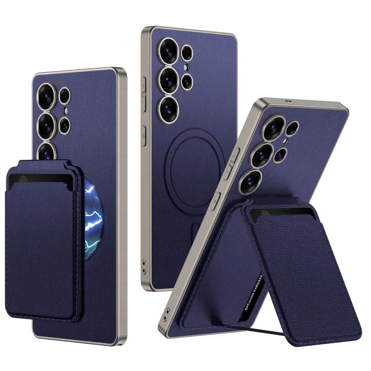 GKK Metal Paint Skin Feel Leather Crad Bag MagSafe Phone Case With Holder, For Samsung Galaxy S25 Ultra 5G