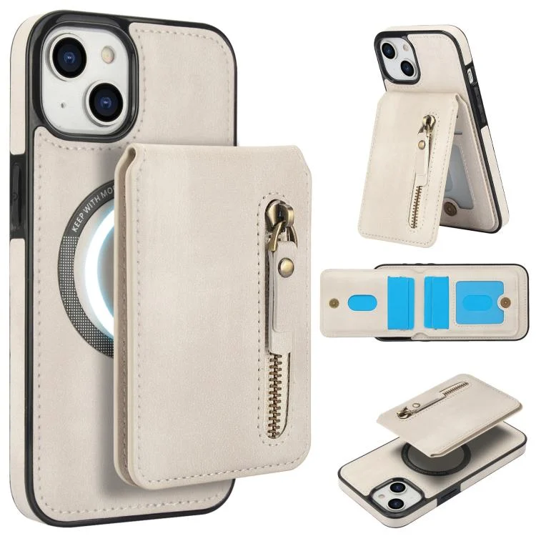 EDA007655908A.webp Zipper Wallet Split MagSafe Leather Back Phone Case, For iPhone 15, For iPhone 14 Plus - Image 1