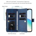 Magnetic Closure 9 Card Slots Zipper Leather Case with Hand Strap, For iPhone 16e, For iPhone 16 Pro Max, For iPhone 16 Pro - Image 3