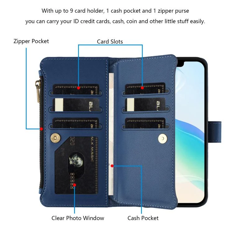 EDA007979101A_2.webp Magnetic Closure 9 Card Slots Zipper Leather Case with Hand Strap, For iPhone 16e, For iPhone 16 Pro Max, For iPhone 16 Pro - Image 3