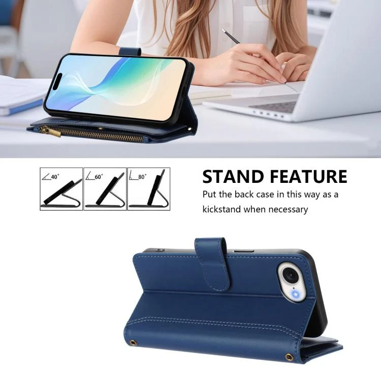 EDA007979101A_3.webp Magnetic Closure 9 Card Slots Zipper Leather Case with Hand Strap, For iPhone 16e, For iPhone 16 Pro Max, For iPhone 16 Pro - Image 4