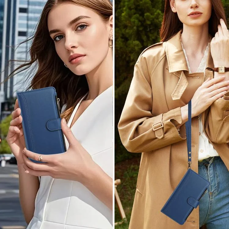 EDA007979101A_6.webp Magnetic Closure 9 Card Slots Zipper Leather Case with Hand Strap, For iPhone 16e, For iPhone 16 Pro Max, For iPhone 16 Pro - Image 7