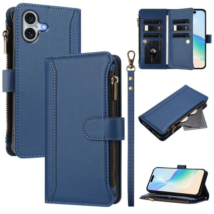 Magnetic Closure 9 Card Slots Zipper Leather Case with Hand Strap, For iPhone 16 Plus, For iPhone 16, For iPhone 15 Pro Max